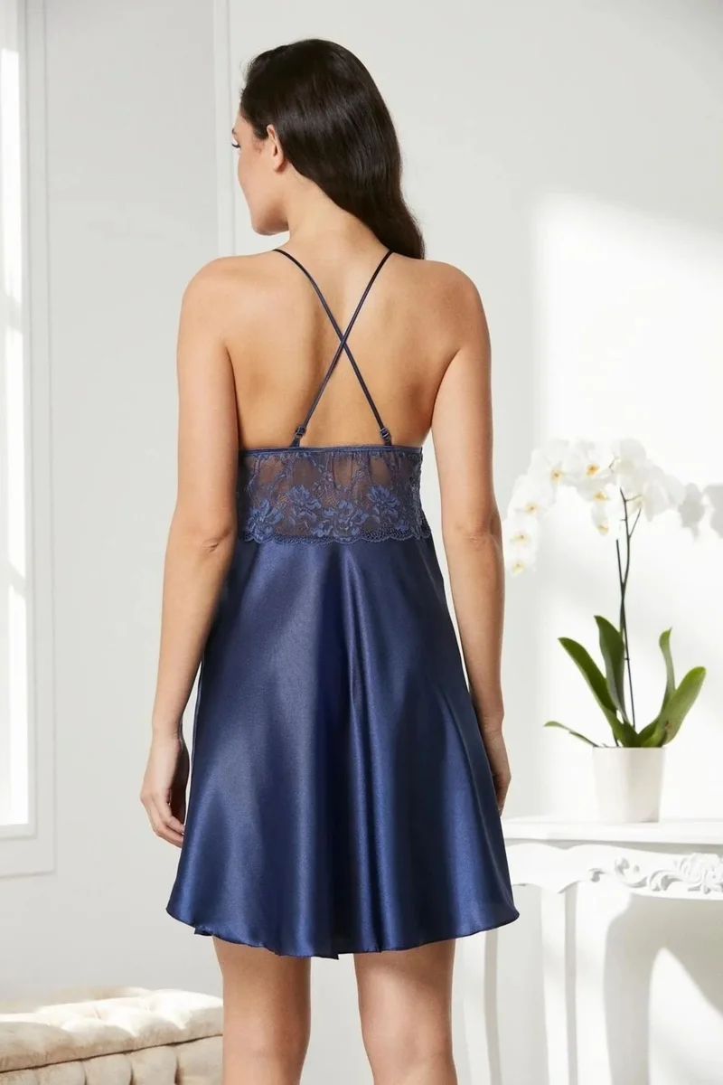 بيير كاردان 850 Women's Satin Lace Nightgown-Navy Blue