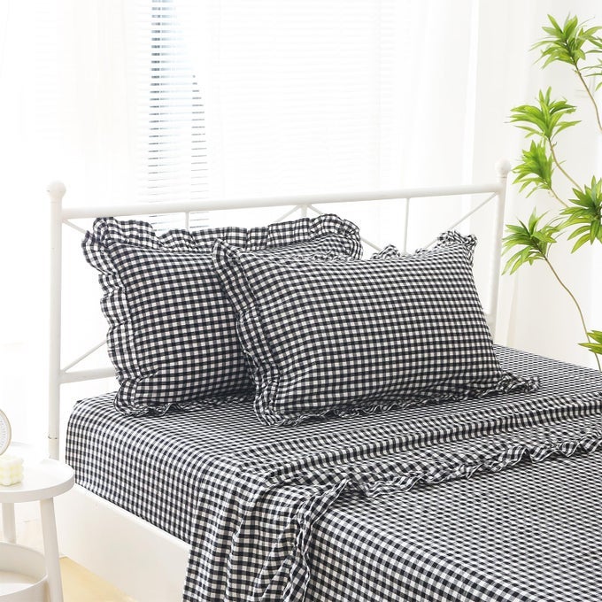 BLACK WHITE PLAID RUFFLE GINGHAM SHEETS FULL SIZE 4PIECE SET 300TC 100 YARN DYED COTTON 18 IN DEEP POCKET PREPPY SHEETS DECORATIVE BEDDING BLACKWHITE PLAID FULL