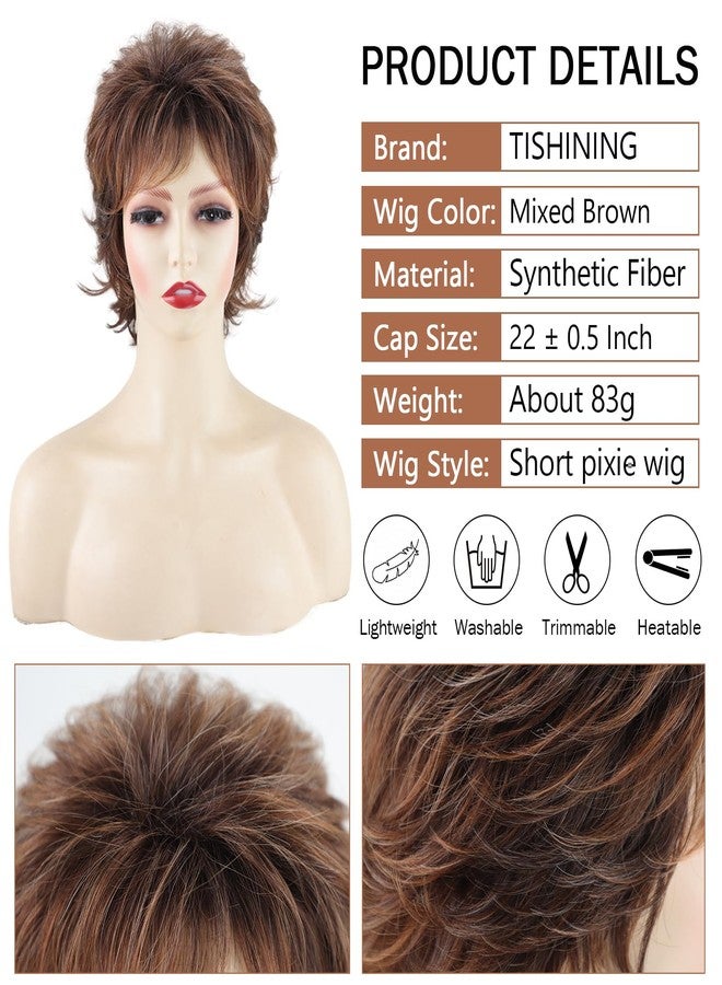 TISHINING Short Mixed Brown Curly Wigs for Women Layered Red Brown Pixie Cut Wig with Bangs Heat Synthetic Short Hair Wigs for White Women Natural Looking Daily Party Wig - Image 3
