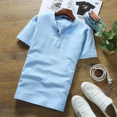 Summer Cotton Linen Mens V-Neck T-Shirt Casual Suit Sky Blue T