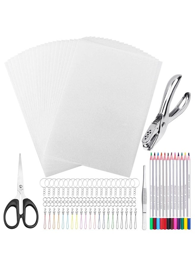 shynek Shrinky Plastic Sheets Keychain Kit, 125Pcs Shrinky Art Kit Including 20 Pcs Shrinky Paper Sheets, Hole Punch, Pencils, Keychains, Tweezers, Scissors for Crafts and Keychains - Image 1