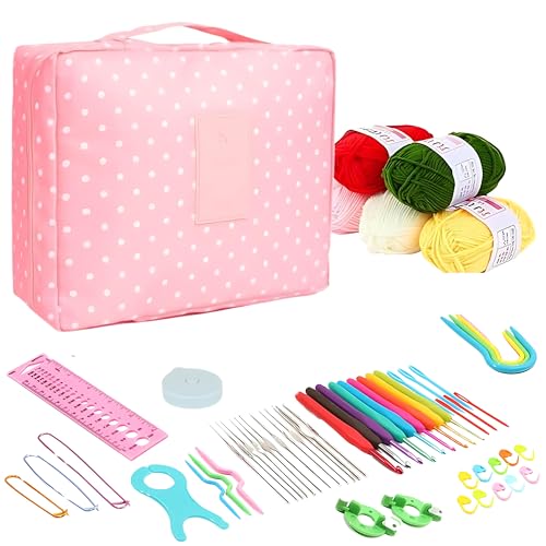 Tusmad Crochet set Knitting Needle Starter Kit Ergonomic, Crochet Hooks Travel Bag,for Beginners Adults or Kids Crochet Kits Include Yarn with Hooks,Stitch Markers & Accessories kit 107 Pcs (Polka Pink storage bag ) - Image 1