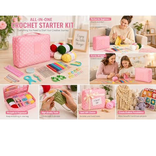 Tusmad Crochet set Knitting Needle Starter Kit Ergonomic, Crochet Hooks Travel Bag,for Beginners Adults or Kids Crochet Kits Include Yarn with Hooks,Stitch Markers & Accessories kit 107 Pcs (Polka Pink storage bag ) - Image 2