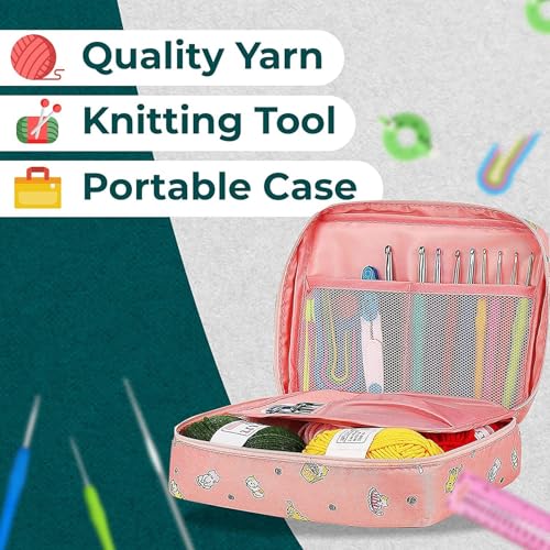 Tusmad Crochet set Knitting Needle Starter Kit Ergonomic, Crochet Hooks Travel Bag,for Beginners Adults or Kids Crochet Kits Include Yarn with Hooks,Stitch Markers & Accessories kit 107 Pcs (Polka Pink storage bag ) - Image 4