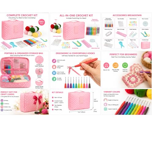Tusmad Crochet set Knitting Needle Starter Kit Ergonomic, Crochet Hooks Travel Bag,for Beginners Adults or Kids Crochet Kits Include Yarn with Hooks,Stitch Markers & Accessories kit 107 Pcs (Polka Pink storage bag ) - Image 3