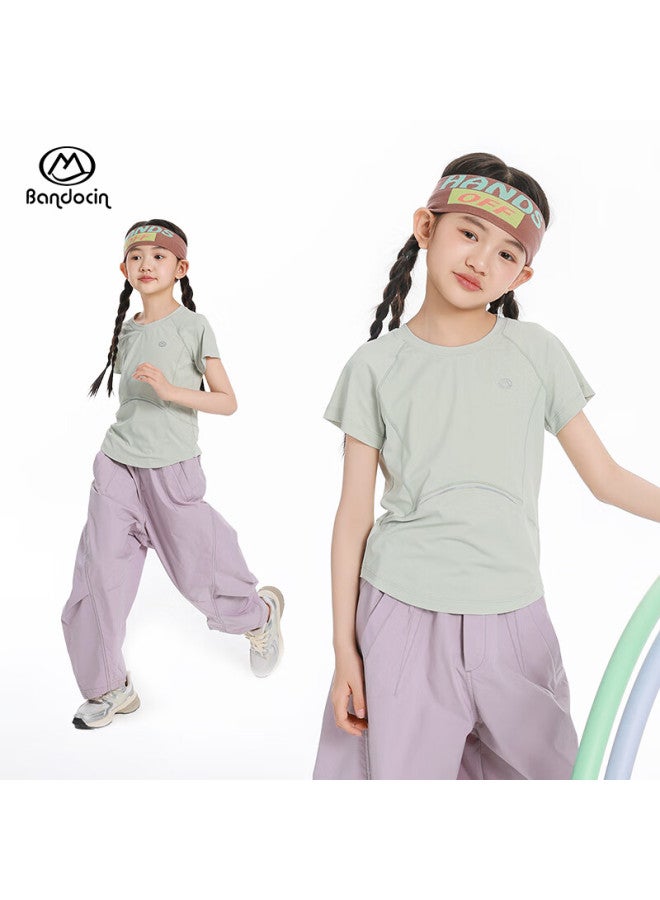 Bandocin Banduo Xian Girls' Lightweight Oxygen Short-Sleeve T-Shirt, Summer Stylish New Children'S Breathable Sports Top, Water Green, 140 - Image 3