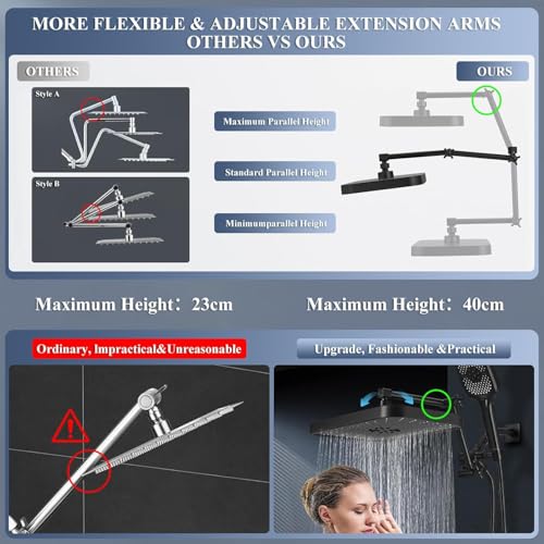 Jcrob 14 Inch Large Shower Head with Handheld Spray Combo and Extention Arm, Rain Rainfall Waterfall High Pressure Shower Heads, Modern Showerhead with 3-Way Diverter - Height/Angle Adjustable(Matte Black) - Image 4