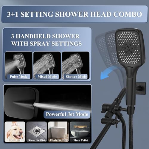 Jcrob 14 Inch Large Shower Head with Handheld Spray Combo and Extention Arm, Rain Rainfall Waterfall High Pressure Shower Heads, Modern Showerhead with 3-Way Diverter - Height/Angle Adjustable(Matte Black) - Image 5