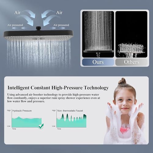 Jcrob 14 Inch Large Shower Head with Handheld Spray Combo and Extention Arm, Rain Rainfall Waterfall High Pressure Shower Heads, Modern Showerhead with 3-Way Diverter - Height/Angle Adjustable(Matte Black) - Image 3