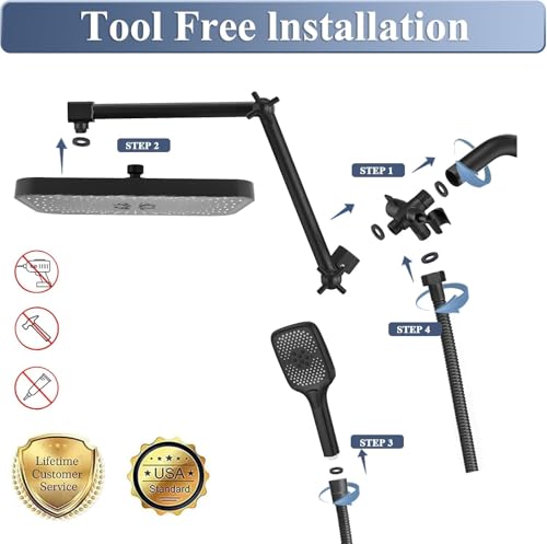 Jcrob 14 Inch Large Shower Head with Handheld Spray Combo and Extention Arm, Rain Rainfall Waterfall High Pressure Shower Heads, Modern Showerhead with 3-Way Diverter - Height/Angle Adjustable(Matte Black) - Image 2