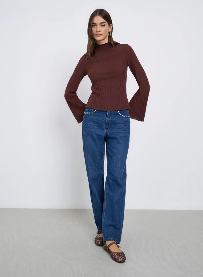 Styli Brown Ribbed Knit Long Sleeve Top