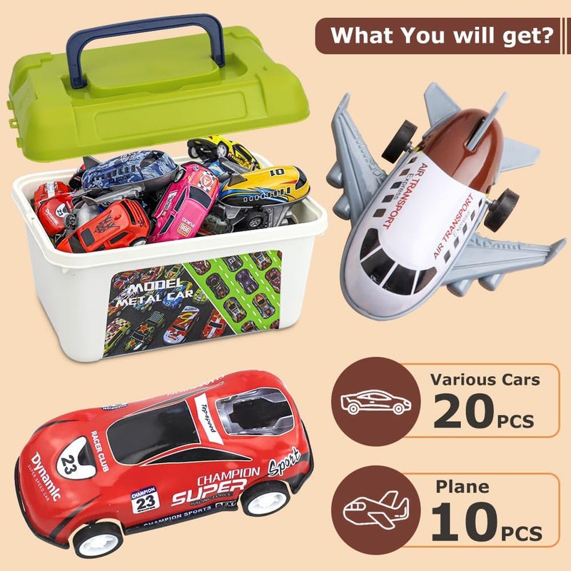 30 Pcs Pull Back Toy Cars & Planes Set with Storage Box - Mixed Vehicle Types for Kids - Image 2