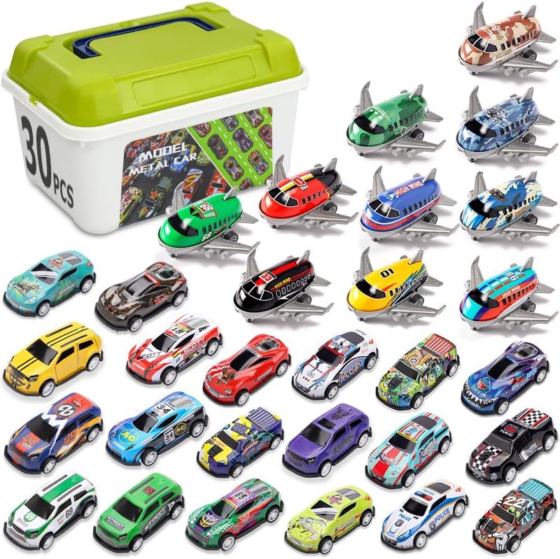 30 Pcs Pull Back Toy Cars & Planes Set with Storage Box - Mixed Vehicle Types for Kids - Image 1