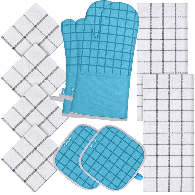 MEYONER Oven Mitts and Pot Holders 500 Degree Heat Resistant Pure Cotton Kitchen Towel Set  10PCS Turquoise