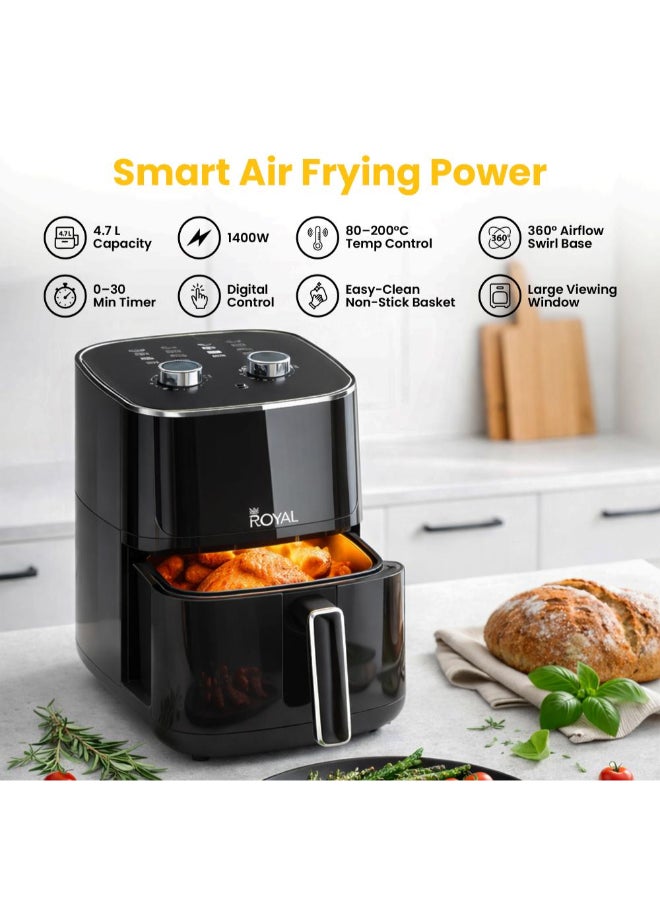 رويال قلاية هوائية يدوية 4.7 لتر 1400 واط بدرجة حرارة 80–200°C مع نافذة رؤية – RA-AFM4717 أسود 4.7 L 1400 W RA-AFM4717 - Image 3