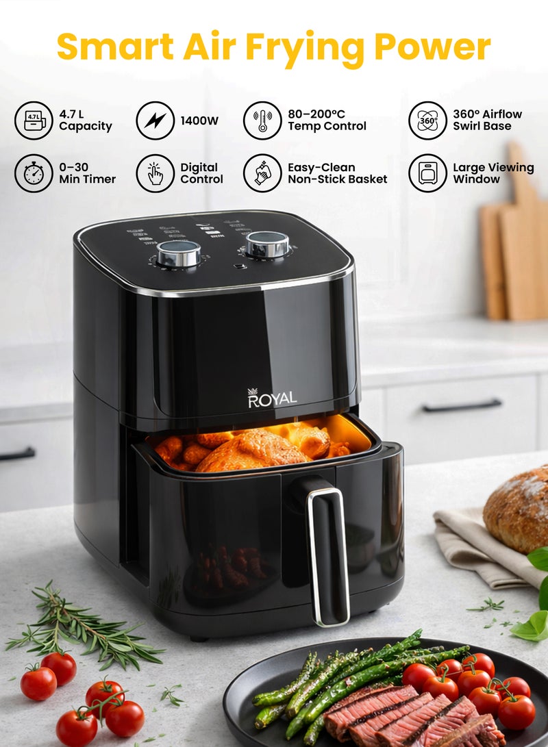 Royal 4.7L Family Air Fryer 1400W | Oil-Free Cooking, Visible Window, 80-200°C, Auto Shut-Off & BPA-Free Basket | RA-AFM4717 Black 4.7 L 1400 W RA-AFM4717 Black - Image 2