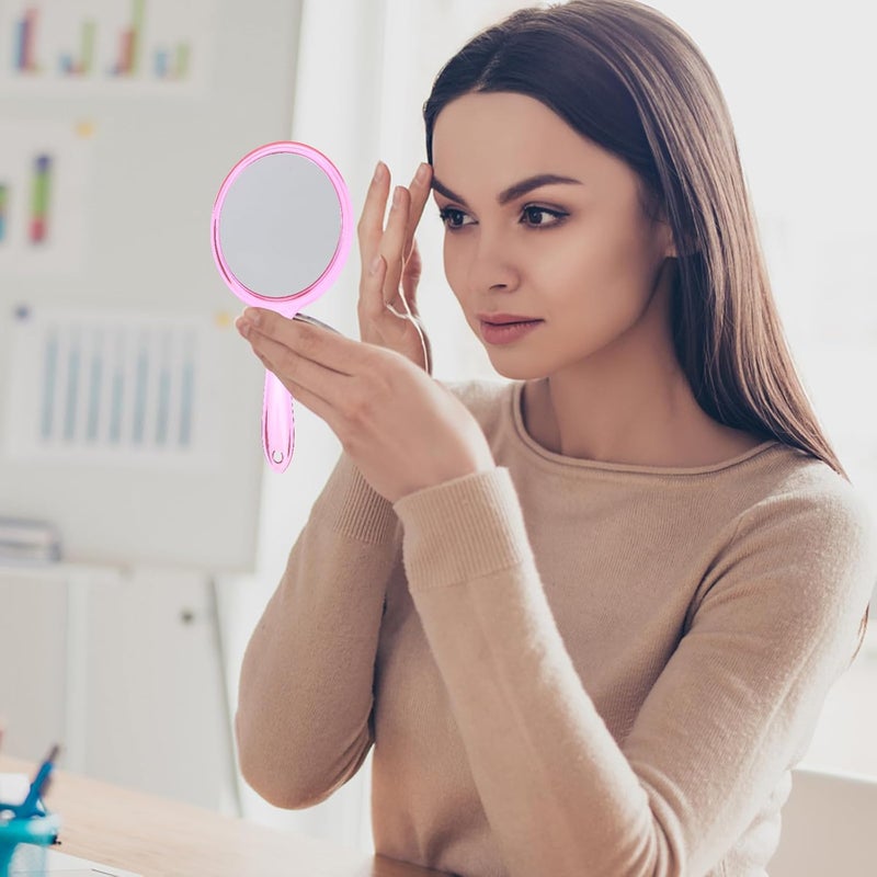 2Pcs Double Sided Handheld Makeup Mirrors with Plastic Handle, Portable Compact Magnifying Cosmetic Mirrors for Travel and Daily Use, Pink - Image 3
