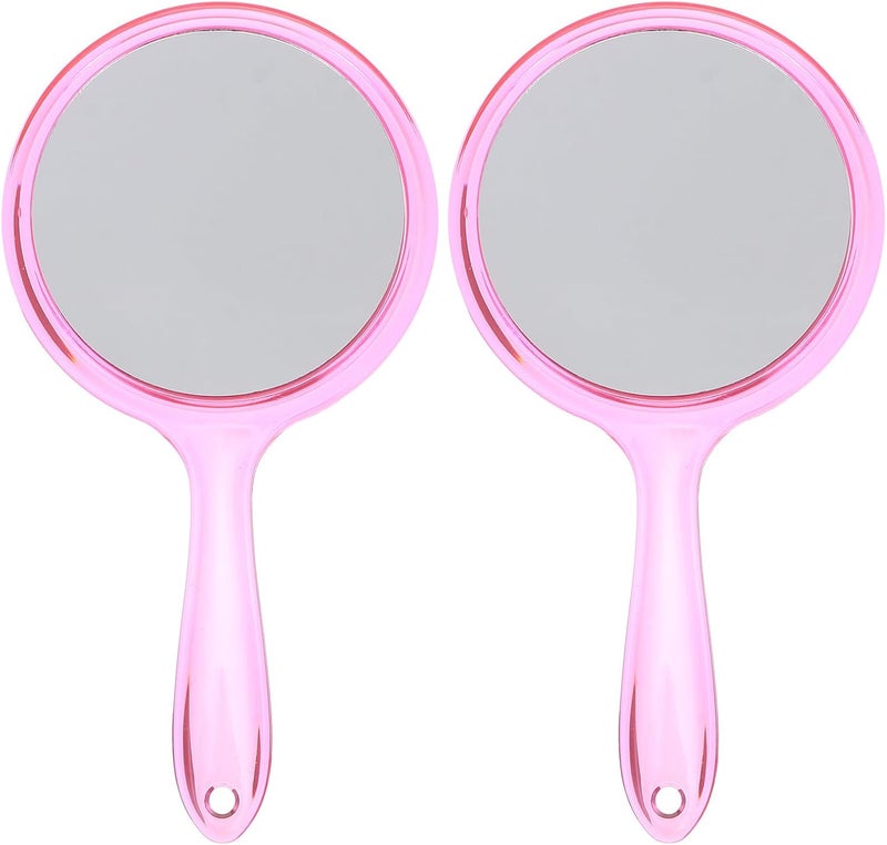 2Pcs Double Sided Handheld Makeup Mirrors with Plastic Handle, Portable Compact Magnifying Cosmetic Mirrors for Travel and Daily Use, Pink - Image 1