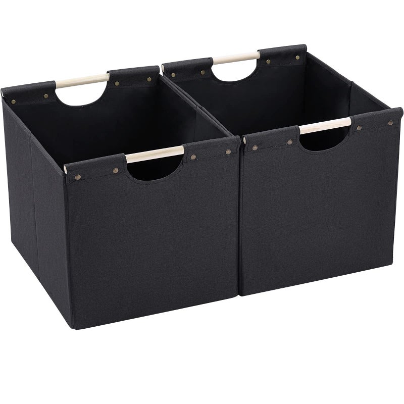 HOONEX Large Collapsible Storage Bins Linen Fabric Pack of 2 Storage Baskets with Wooden Carry Handles and Sturdy Heavy Cardboard for Home Office Car Nursery Black