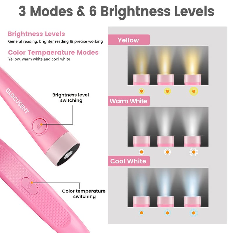 Glocusent Book Light, 3-Color & 6-Brightness Reading Light, Bendable Neck Light, Long Lasting Rechargeable Lamp, Perfect Book Light for Reading in Bed, Knitting, Camping, Repairing, Book Lovers Gifts - Image 2