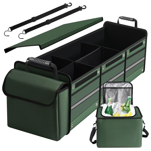 Snuopfy Car Trunk Organizer,115L Heavy Duty Collapsible Trunk Storage, with Insulated Leakproof Cooler Bag Vehicle Cargo Organizer with Lid, 3 Compartments, Straps For Car,Suv,Jeep,Sedan-Green - Image 1