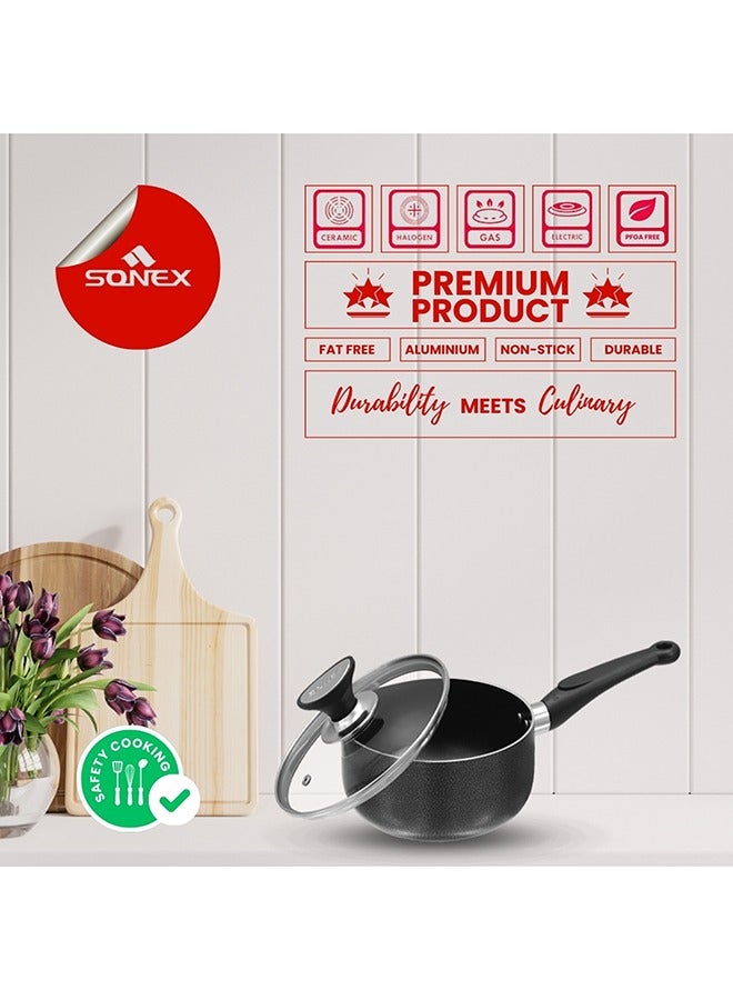 SONEX Non-Stick Royal Saucepan – 20 cm (3.5 Ltr) – Premium Aluminum Construction, Hard Enamel Exterior, Tempered Glass Lid with Heat-Resistant Bakelite Knob, Ergonomic Cool-Touch Handle, Durable, Easy to Clean & Dishwasher Safe - Image 4