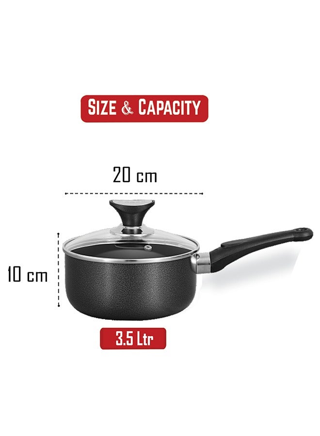 SONEX Non-Stick Royal Saucepan – 20 cm (3.5 Ltr) – Premium Aluminum Construction, Hard Enamel Exterior, Tempered Glass Lid with Heat-Resistant Bakelite Knob, Ergonomic Cool-Touch Handle, Durable, Easy to Clean & Dishwasher Safe - Image 5