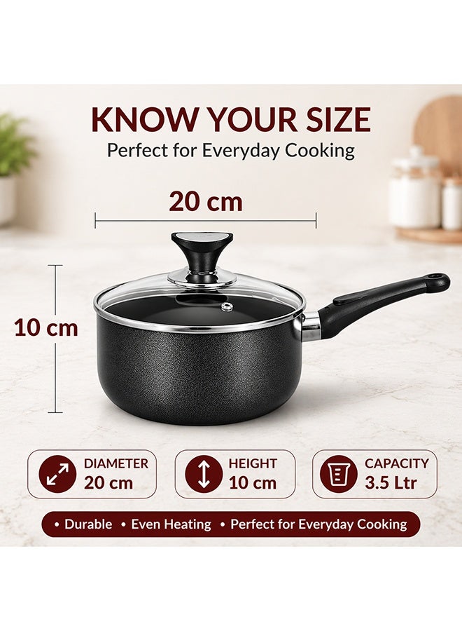 SONEX Non-Stick Royal Saucepan – 20 cm (3.5 Ltr) – Premium Aluminum Construction, Hard Enamel Exterior, Tempered Glass Lid with Heat-Resistant Bakelite Knob, Ergonomic Cool-Touch Handle, Durable, Easy to Clean & Dishwasher Safe - Image 3