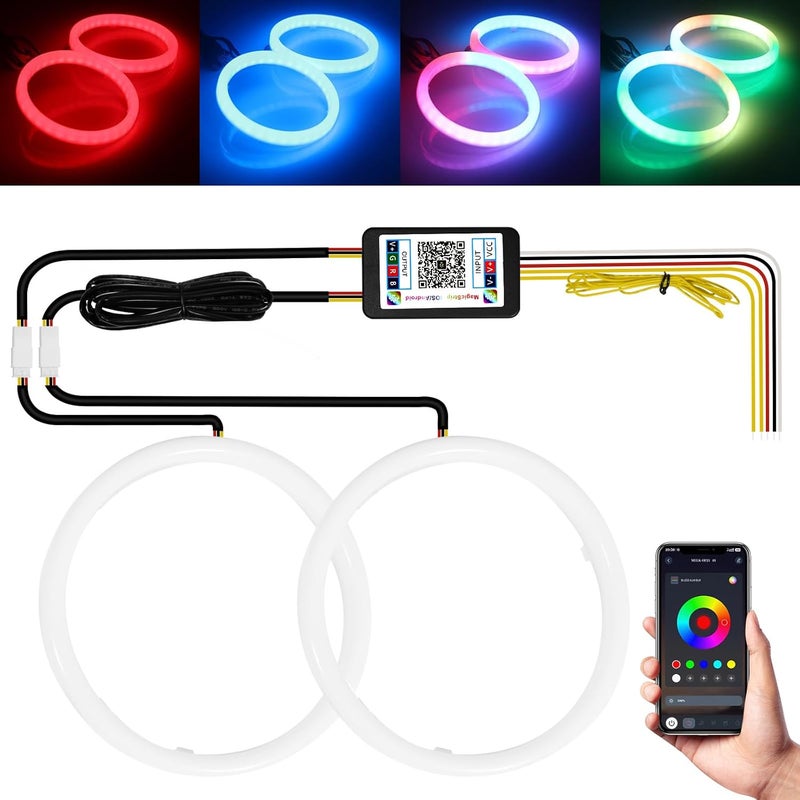 Qasim حلقة هالة عيون قاسم 12 فولت 120 مم أضواء LED RGB للسيارة والدراجة النارية والسكوتر - تحكم بلوتوث، متعدد الألوان (عبوة من 2) - Image 1