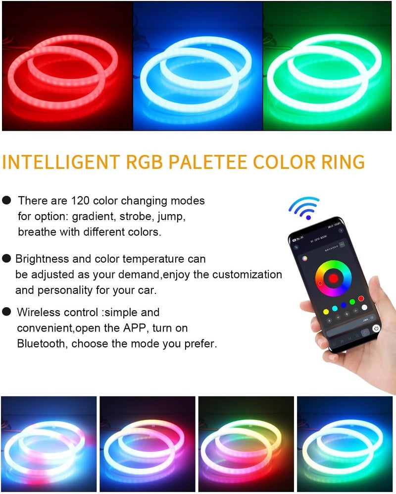 Qasim حلقة هالة عيون قاسم 12 فولت 120 مم أضواء LED RGB للسيارة والدراجة النارية والسكوتر - تحكم بلوتوث، متعدد الألوان (عبوة من 2) - Image 5