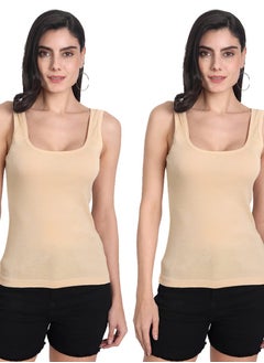 Aimly Aimly Women's Cotton Sleeveless Beige Camisole Slip Spaghetti Pack of 2  - Image 1