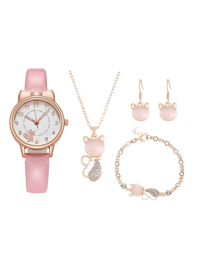 GIFT Adorable Kids' Cat Watch and Silver Plated Jewellery Set - Includes PU Strap Watch, Cute Cat Necklace, Bracelet and Cartoon Cat Ear Clip - Perfect for Girls' Birthdays - Image 1