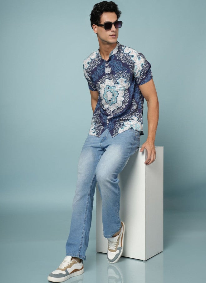 OUTLAWS Men's Navy Blue Abstract Printed Casual Shirt with Mandarin Collar - Image 5