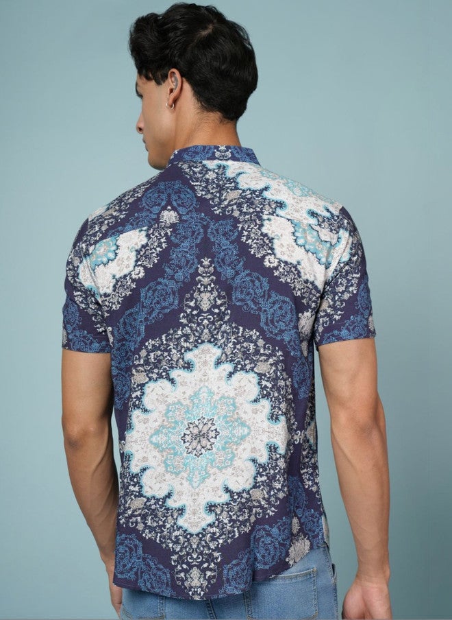 OUTLAWS Men's Navy Blue Abstract Printed Casual Shirt with Mandarin Collar - Image 4