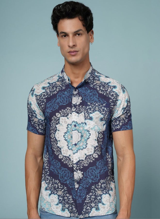 OUTLAWS Men's Navy Blue Abstract Printed Casual Shirt with Mandarin Collar