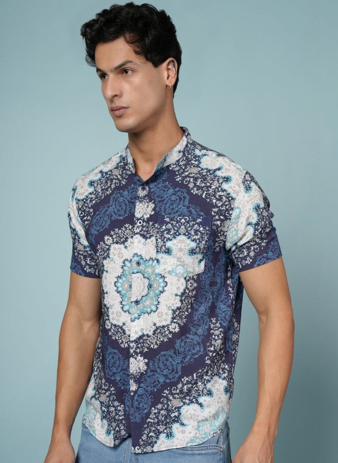 OUTLAWS Men's Navy Blue Abstract Printed Casual Shirt with Mandarin Collar - Image 3