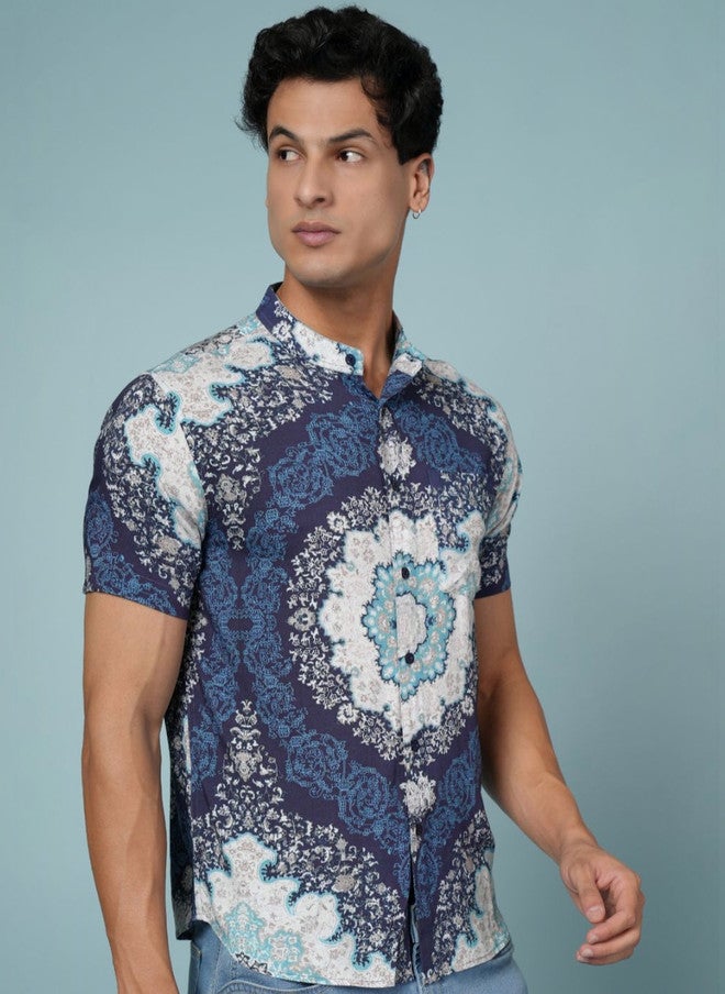 OUTLAWS Men's Navy Blue Abstract Printed Casual Shirt with Mandarin Collar - Image 2