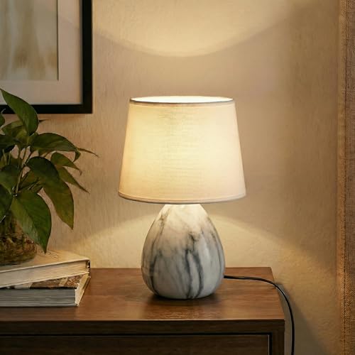 Decor & More – Modern Ceramic Base Bedside Table Lamp | Table Lamps for Home Decoration and Bedroom Decor with On/Off Button | Mini Night Lamp with Cotton Fabric Shade (Bulb not Included) - Image 1
