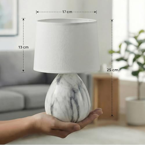 Decor & More – Modern Ceramic Base Bedside Table Lamp | Table Lamps for Home Decoration and Bedroom Decor with On/Off Button | Mini Night Lamp with Cotton Fabric Shade (Bulb not Included) - Image 2
