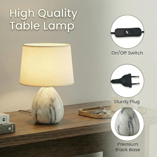 Decor & More – Modern Ceramic Base Bedside Table Lamp | Table Lamps for Home Decoration and Bedroom Decor with On/Off Button | Mini Night Lamp with Cotton Fabric Shade (Bulb not Included) - Image 4