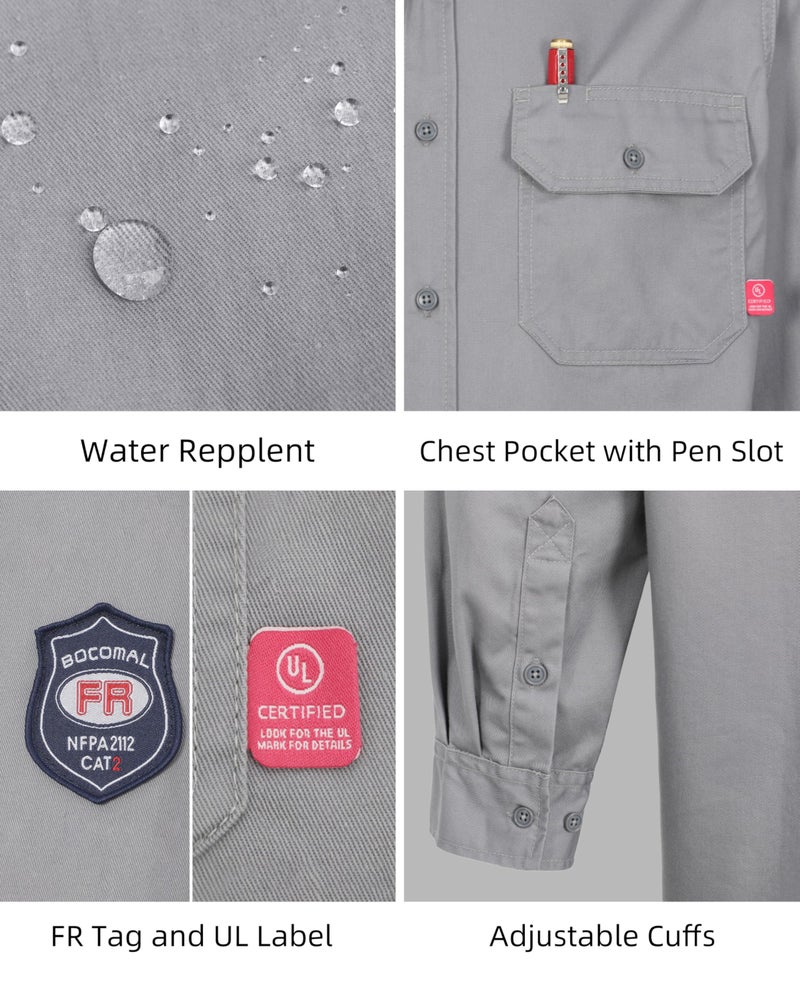 BOCOMAL FR Shirts 6.25oz Light Weight Summer Welding Shirts Flame Resistant Shirt Gray Men's Fire Retardant Shirt - Image 3