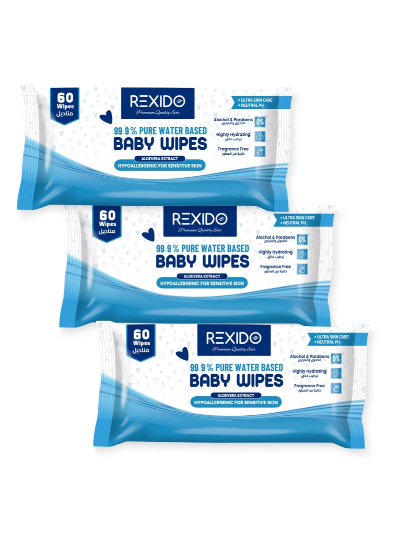 REXIDO Original 99.9% Pure Water-Based Baby Wipes, 180 (3 Pack) Biodegradable Wet Wipes, Unscented For Sensitive Skin, Highly Hydrating 180 Count  x 3 Pack.  - Image 1