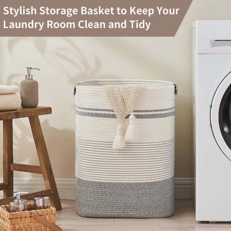 AINUOQI Laundry Basket with Handles - Blanket Basket & Hampers for Bedroom Aesthetic, Laundry Hamper & Blanket Storage for Living Room, Clothes Hamper, Tall, Large 17" x 14" x 22â€, Grey & White - Image 5