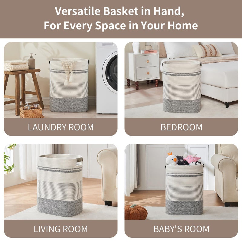 AINUOQI Laundry Basket with Handles - Blanket Basket & Hampers for Bedroom Aesthetic, Laundry Hamper & Blanket Storage for Living Room, Clothes Hamper, Tall, Large 17" x 14" x 22â€, Grey & White - Image 3