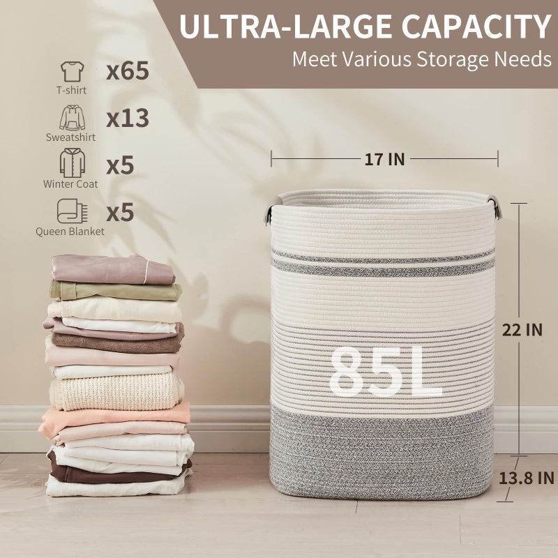 AINUOQI Laundry Basket with Handles - Blanket Basket & Hampers for Bedroom Aesthetic, Laundry Hamper & Blanket Storage for Living Room, Clothes Hamper, Tall, Large 17" x 14" x 22â€, Grey & White - Image 2
