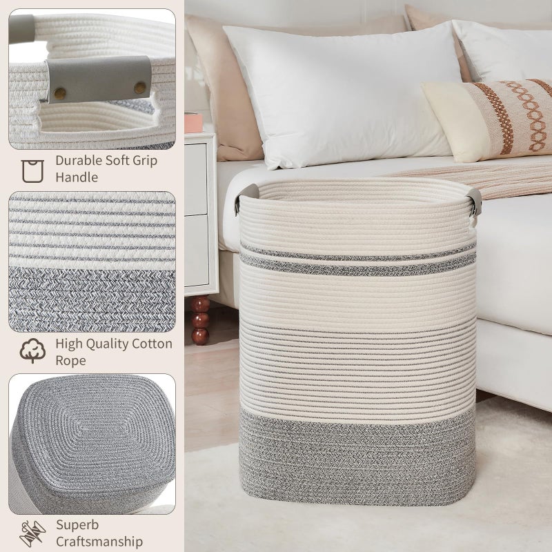 AINUOQI Laundry Basket with Handles - Blanket Basket & Hampers for Bedroom Aesthetic, Laundry Hamper & Blanket Storage for Living Room, Clothes Hamper, Tall, Large 17" x 14" x 22â€, Grey & White - Image 4