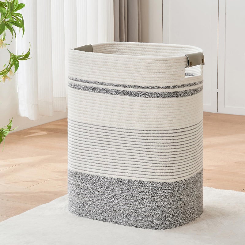 AINUOQI Laundry Basket with Handles - Blanket Basket & Hampers for Bedroom Aesthetic, Laundry Hamper & Blanket Storage for Living Room, Clothes Hamper, Tall, Large 17" x 14" x 22â€, Grey & White - Image 1