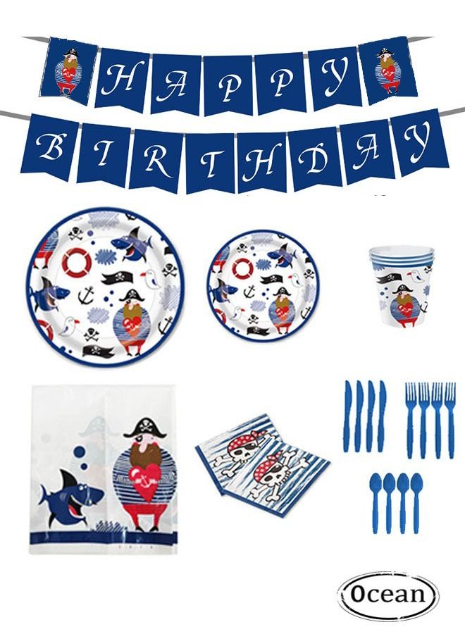 أوشن 114pcs القراصنة الطرف أدوات المائدة الديكور ، والقراصنة عيد ميلاد الحزب اللوازم ، لافتات ، لوحات ، أكواب ، والمناديل ، مفرش المائدة ، وأدوات المائدة ، والقراصنة موضوع الطفل دش عيد ميلاد الحزب الديكور - Image 1