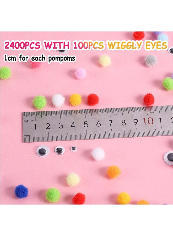 Caydo 2400 Pieces 1cm Pom Poms, Multicolor Small Pompom Balls with 100 Pieces Wiggly Eyes for Kids Arts and Crafts Projects Decorations - Image 2
