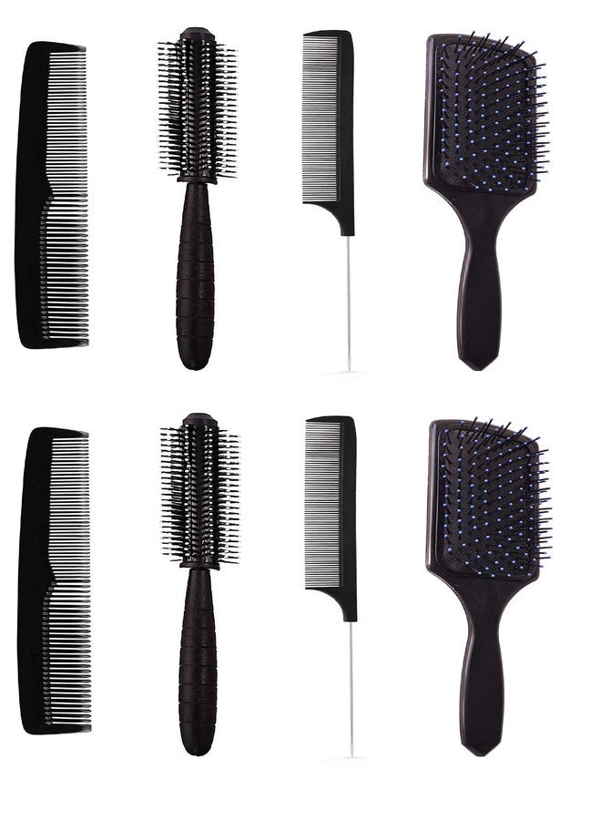 E-DUNIA Best Hair Brush Combo of Black Carbon Rat Tail comb With Steel handle, Round Hair Comb, Paddle Hair Brush with Soft Nylon Bristles & Simple Normal use Brush for Women and Men [ Pack Of 8 ] - Image 1